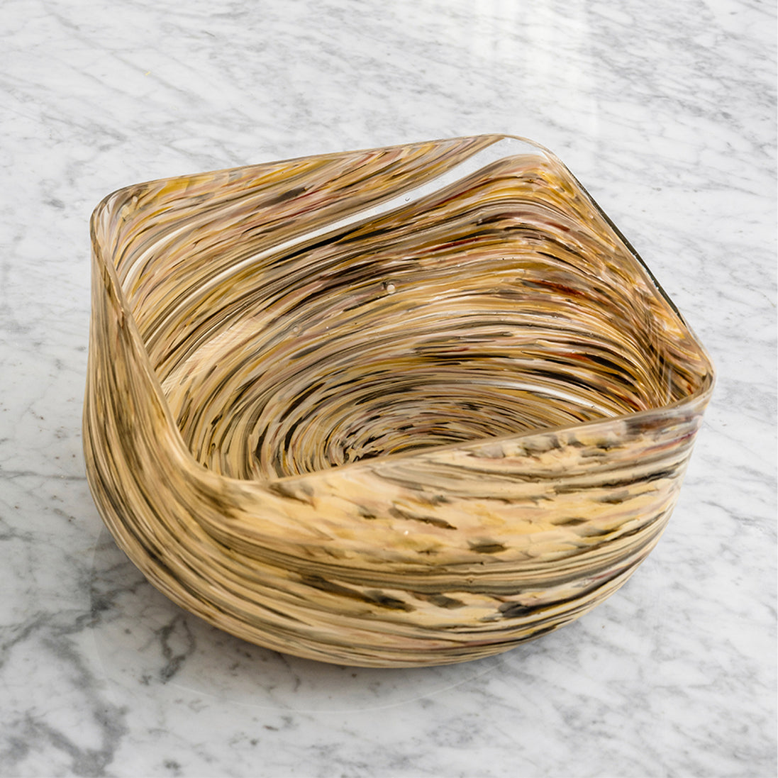 Aurelia multicolour glass bowl with rounded rectangular shape and swirling brown, beige, cream and white pattern for modern home décor