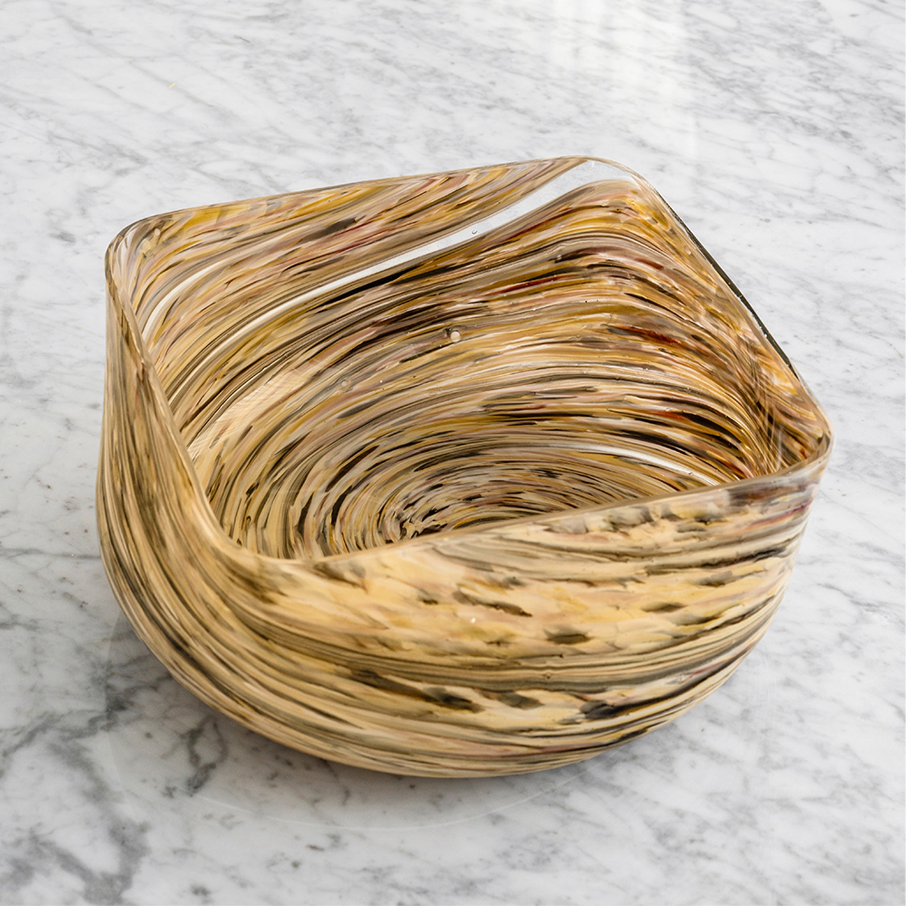 Aurelia multicolour glass bowl with rounded rectangular shape and swirling brown, beige, cream and white pattern for modern home décor