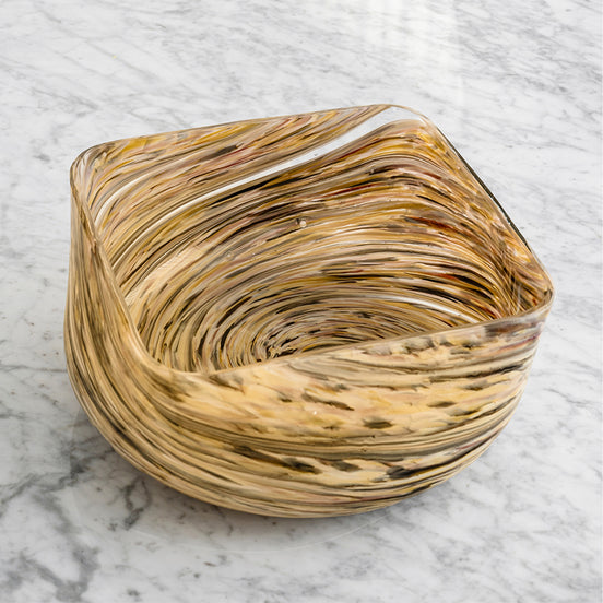 Aurelia multicolour glass bowl with rounded rectangular shape and swirling brown, beige, cream and white pattern for modern home décor