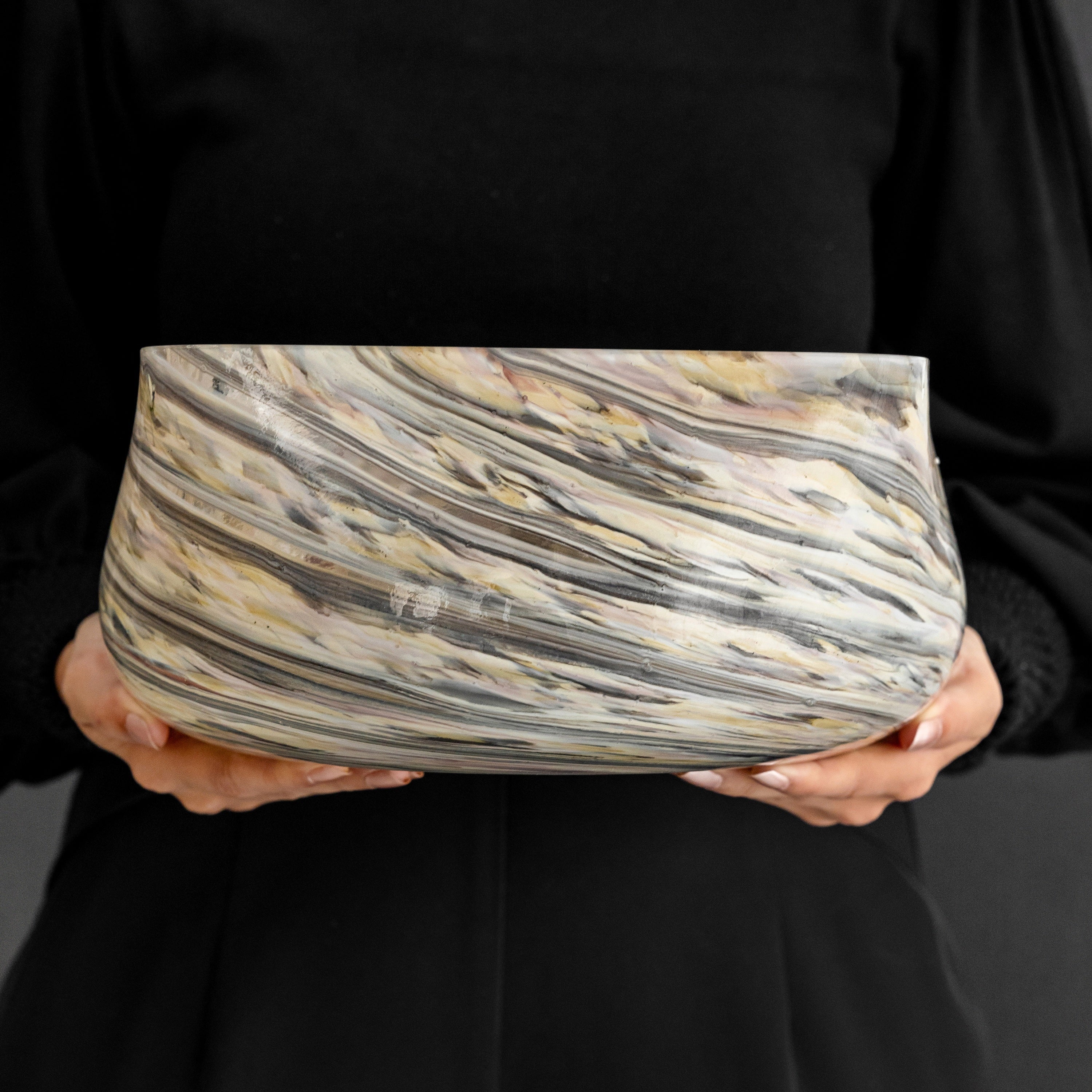 Aurelia multicolour glass bowl with rounded rectangular shape and swirling brown, beige, cream and white pattern for modern home décor