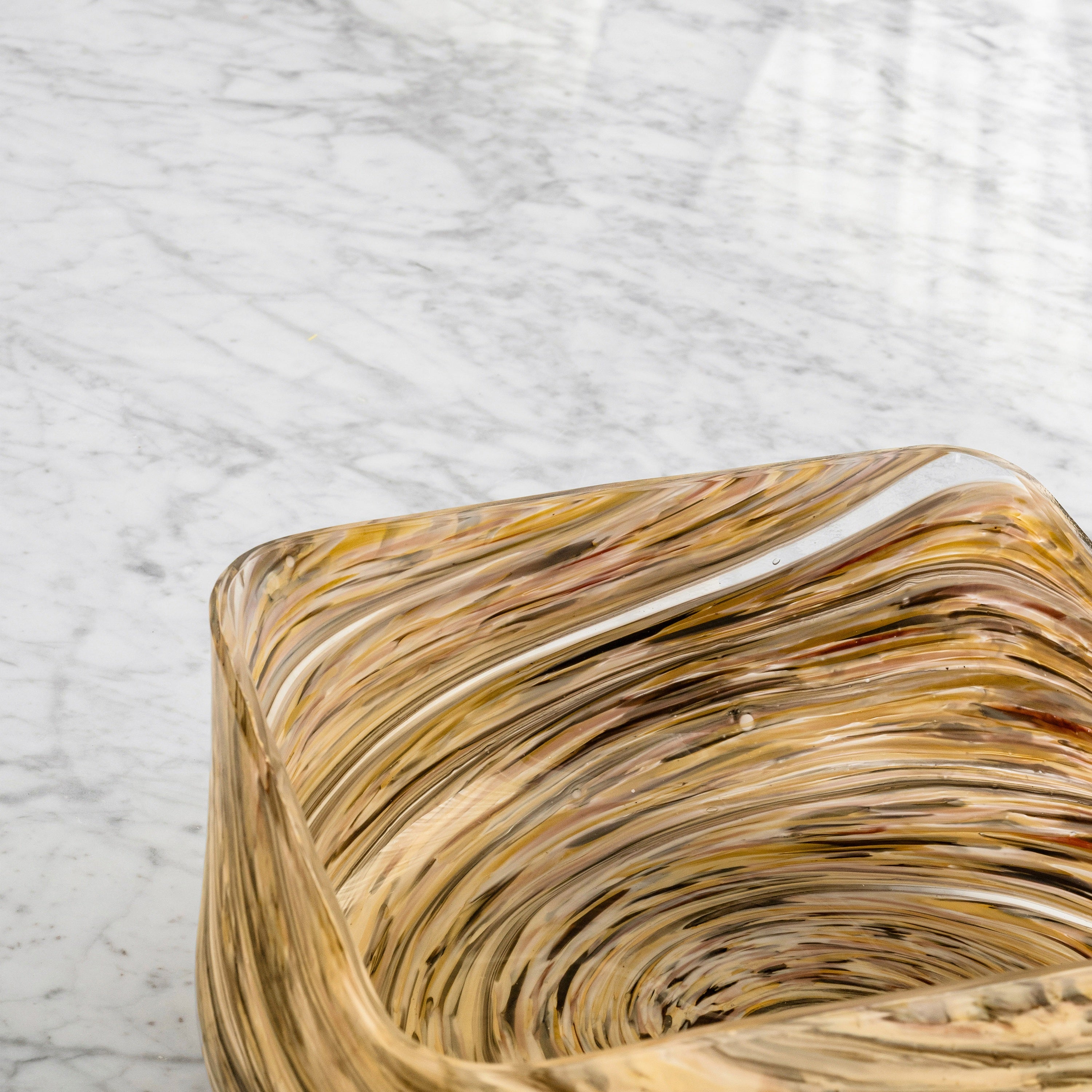 Aurelia multicolour glass bowl with rounded rectangular shape and swirling brown, beige, cream and white pattern for modern home décor