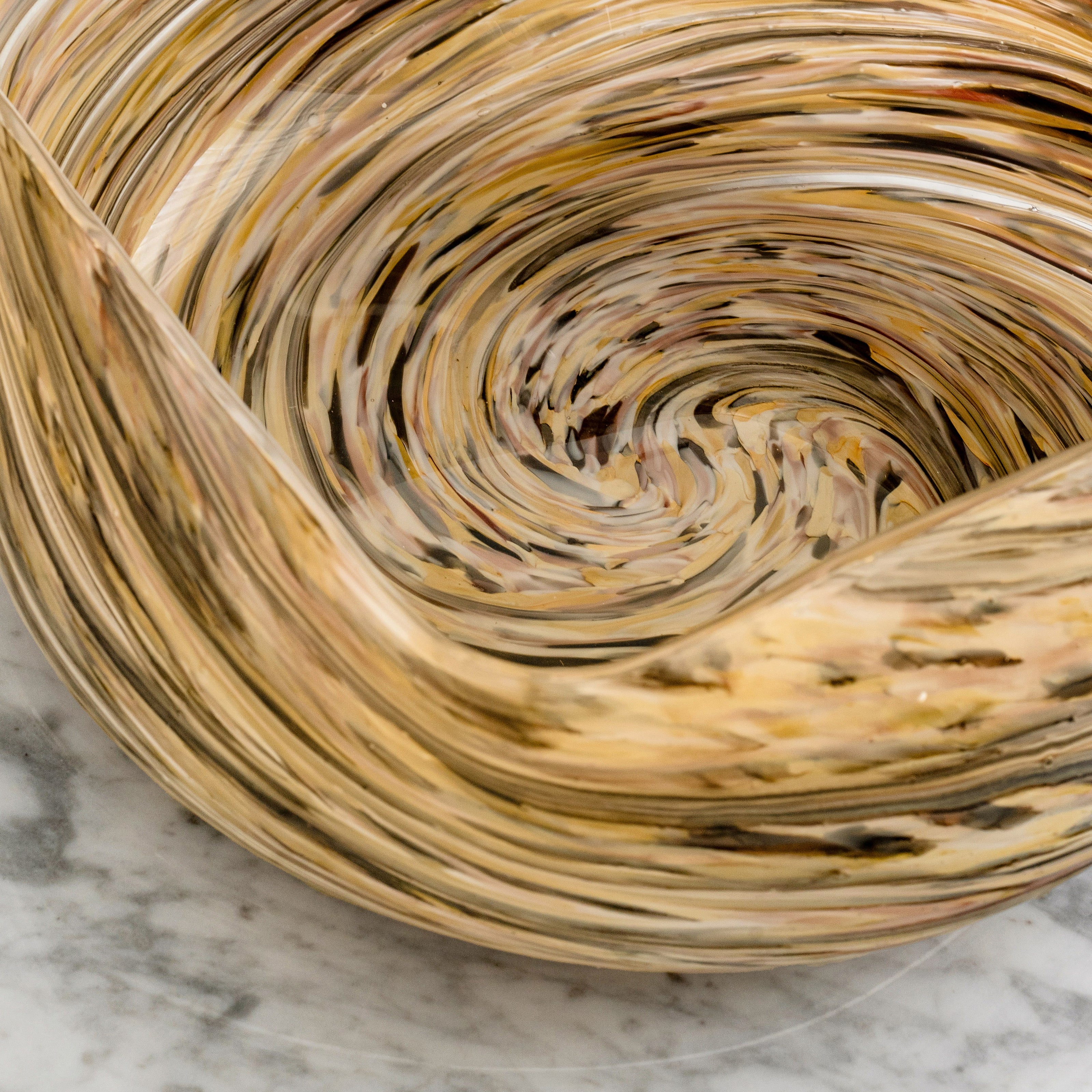 Aurelia multicolour glass bowl with rounded rectangular shape and swirling brown, beige, cream and white pattern for modern home décor