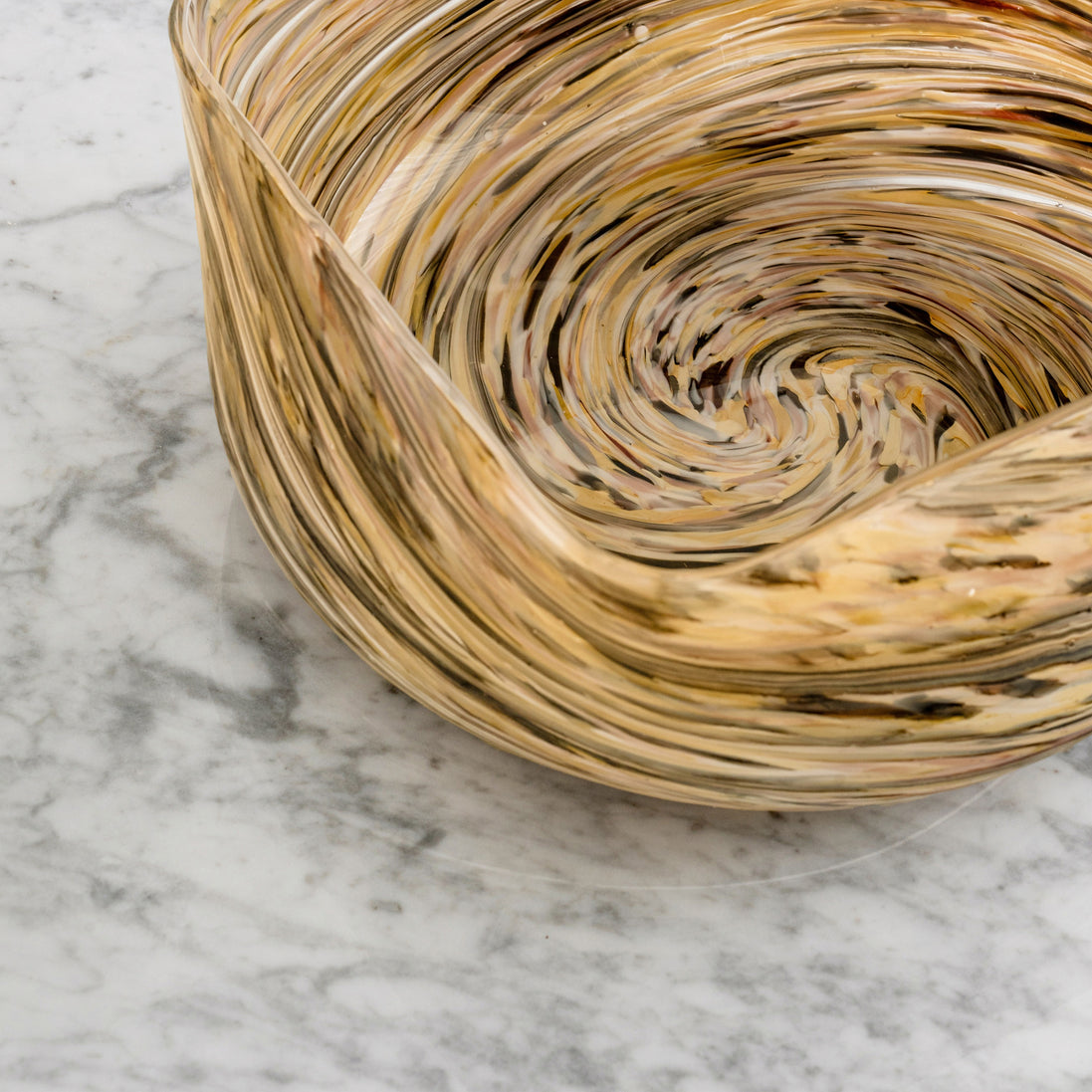 Aurelia multicolour glass bowl with rounded rectangular shape and swirling brown, beige, cream and white pattern for modern home décor