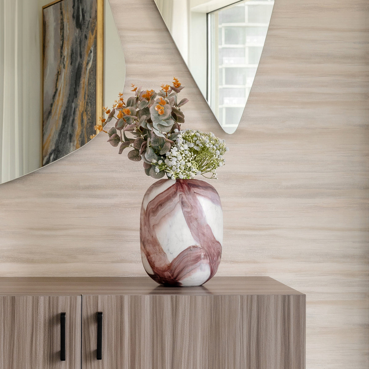 Bloom glass vase with white base and handcrafted artistic pattern, luxury decorative vase for modern home décor
