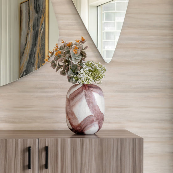 Bloom glass vase with white base and handcrafted artistic pattern, luxury decorative vase for modern home décor