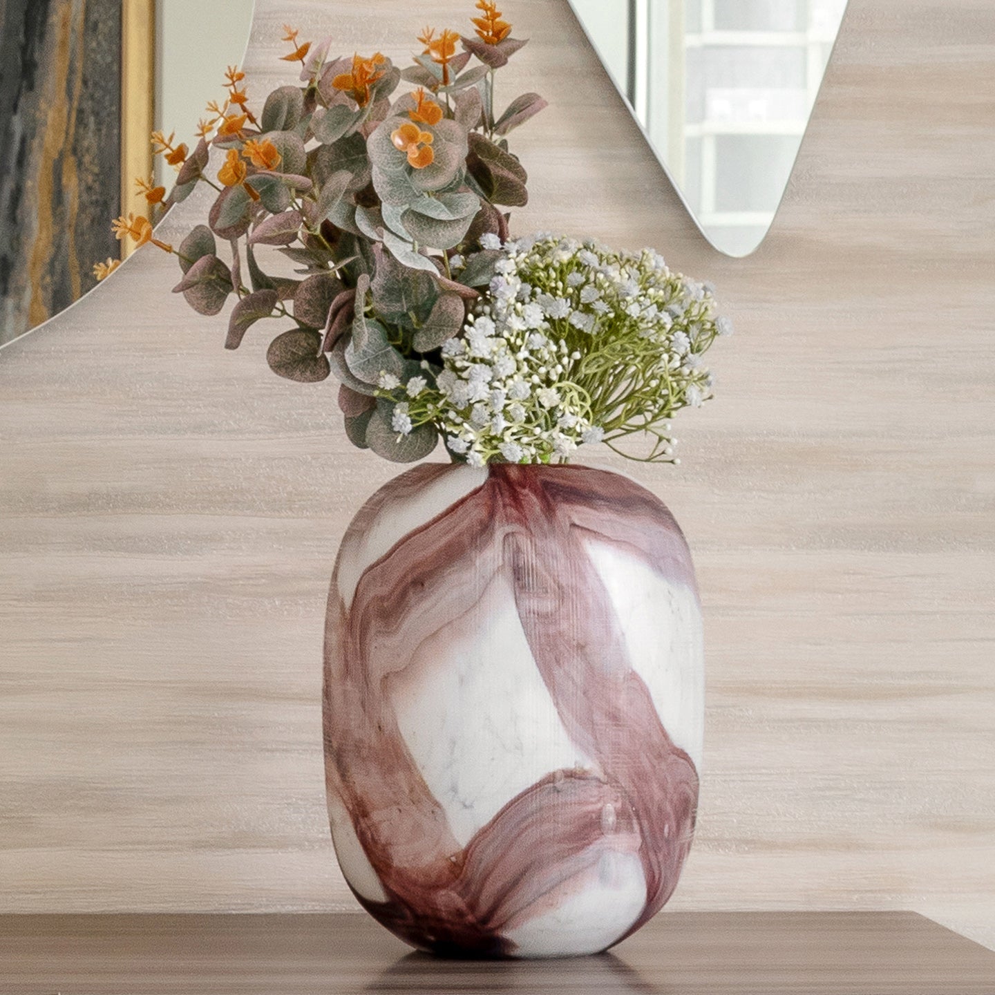 Bloom glass vase with white base and handcrafted artistic pattern, luxury decorative vase for modern home décor