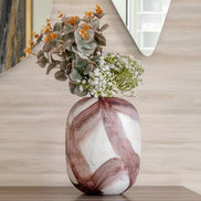 Bloom glass vase with white base and handcrafted artistic pattern, luxury decorative vase for modern home décor