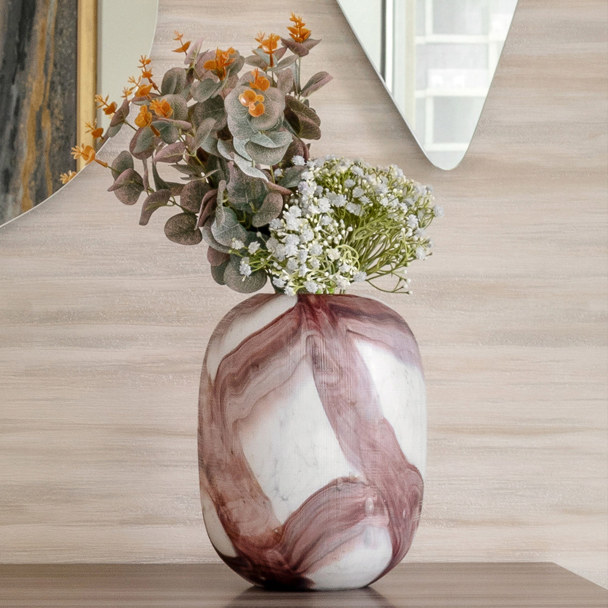 Bloom glass vase with white base and handcrafted artistic pattern, luxury decorative vase for modern home décor