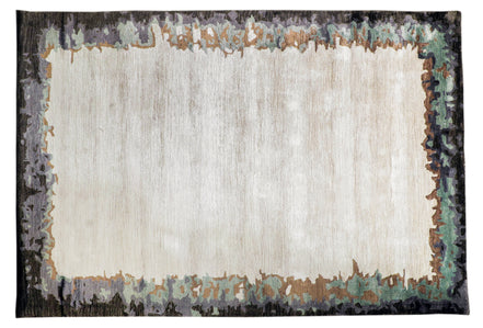 Handmade bamboo silk rug with abstract layered gold, green, and grey tones on a contemporary design.