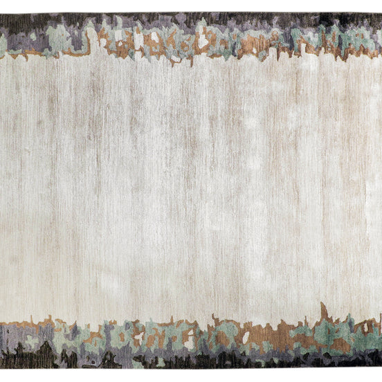 Handmade bamboo silk rug with abstract layered gold, green, and grey tones on a contemporary design.