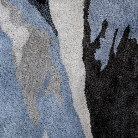 Blue Grey Abstract Round Handmade Silk Rug for Living Room and Foyer.
