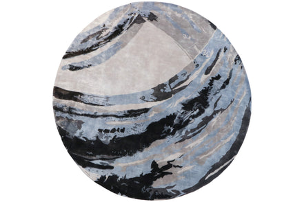 Blue Grey Abstract Round Handmade Silk Rug for Living Room and Foyer.