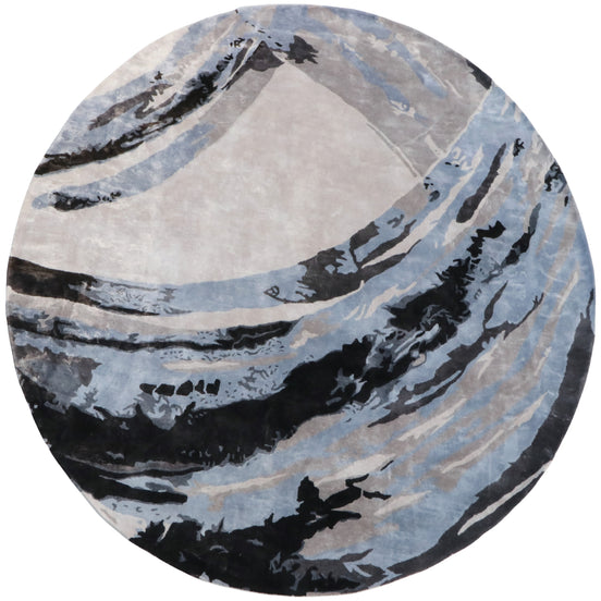 Blue Grey Abstract Round Handmade Silk Rug for Living Room and Foyer.