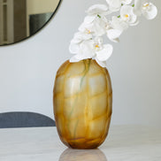Calla tortoise shell inspired glass vase with rounded shape, textured gold hand-finished pattern, decorative vase for luxury home décor