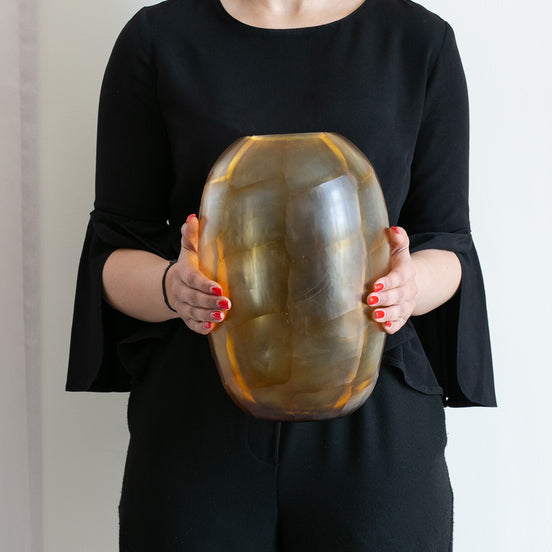 Calla tortoise shell inspired glass vase with rounded shape, textured gold hand-finished pattern, decorative vase for luxury home décor