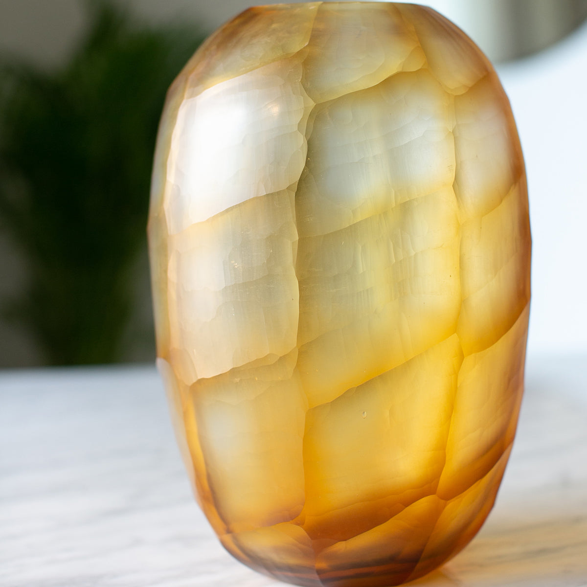 Calla tortoise shell inspired glass vase with rounded shape, textured gold hand-finished pattern, decorative vase for luxury home décor
