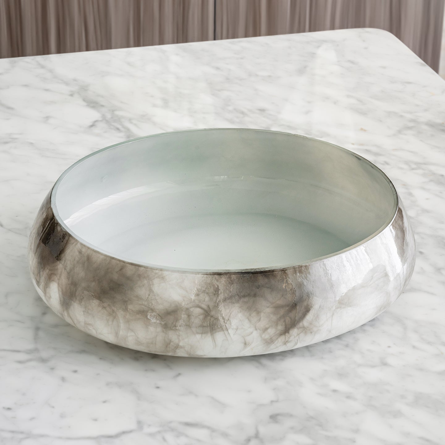 Cascade grey smokey glass bowl with white base and abstract grey pattern, round decorative centerpiece for modern home décor