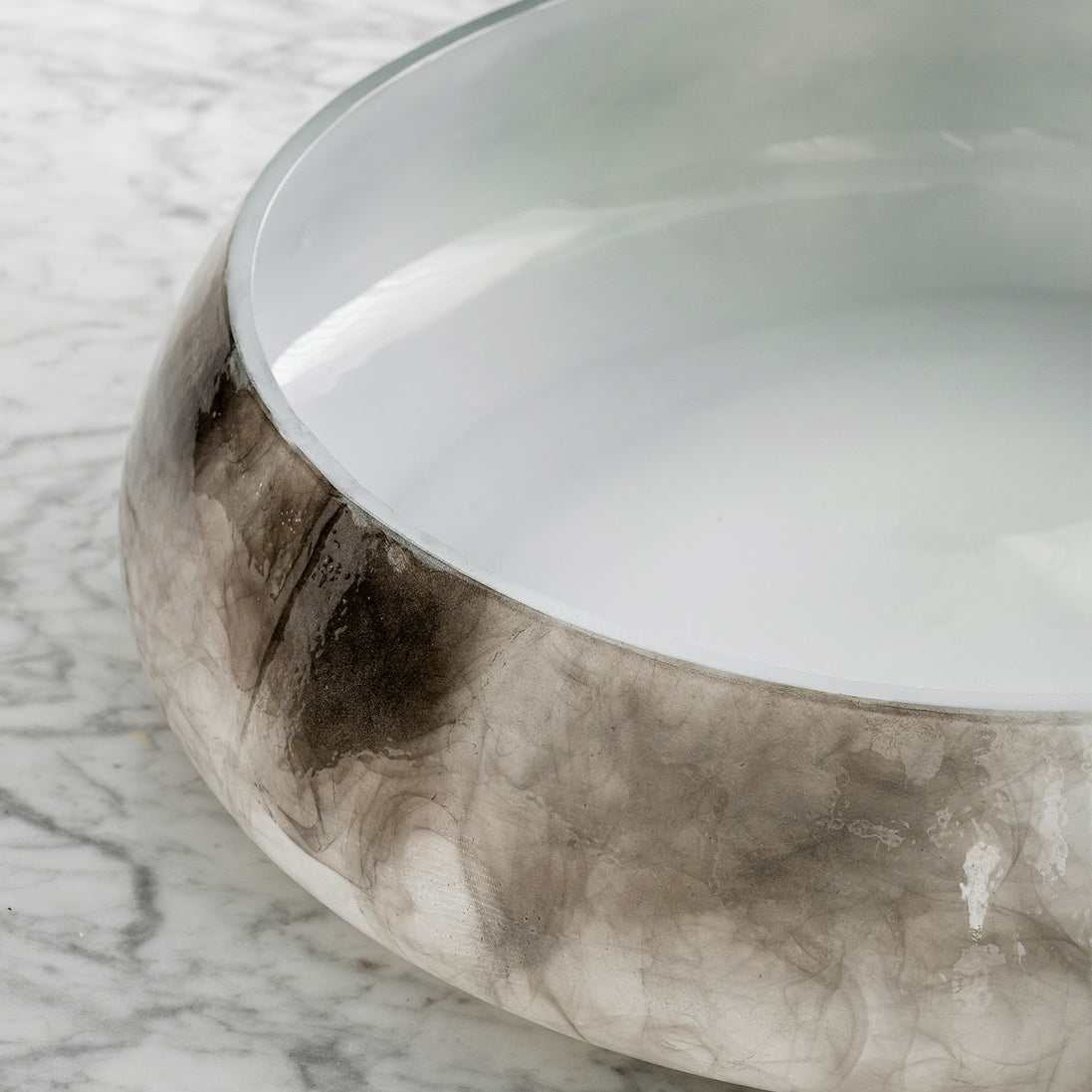 Cascade grey smokey glass bowl with white base and abstract grey pattern, round decorative centerpiece for modern home décor