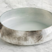 Cascade grey smokey glass bowl with white base and abstract grey pattern, round decorative centerpiece for modern home décor