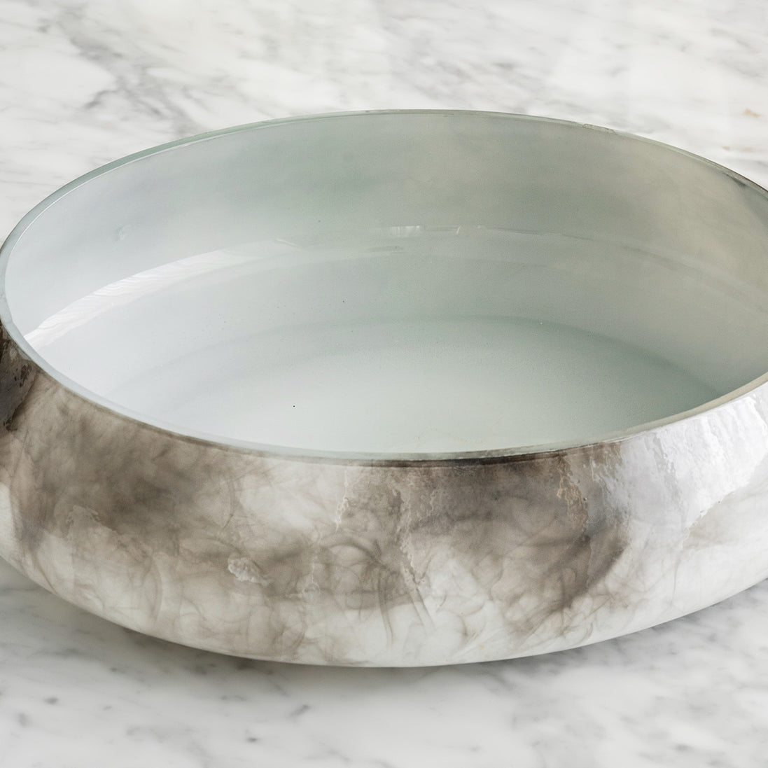 Cascade grey smokey glass bowl with white base and abstract grey pattern, round decorative centerpiece for modern home décor