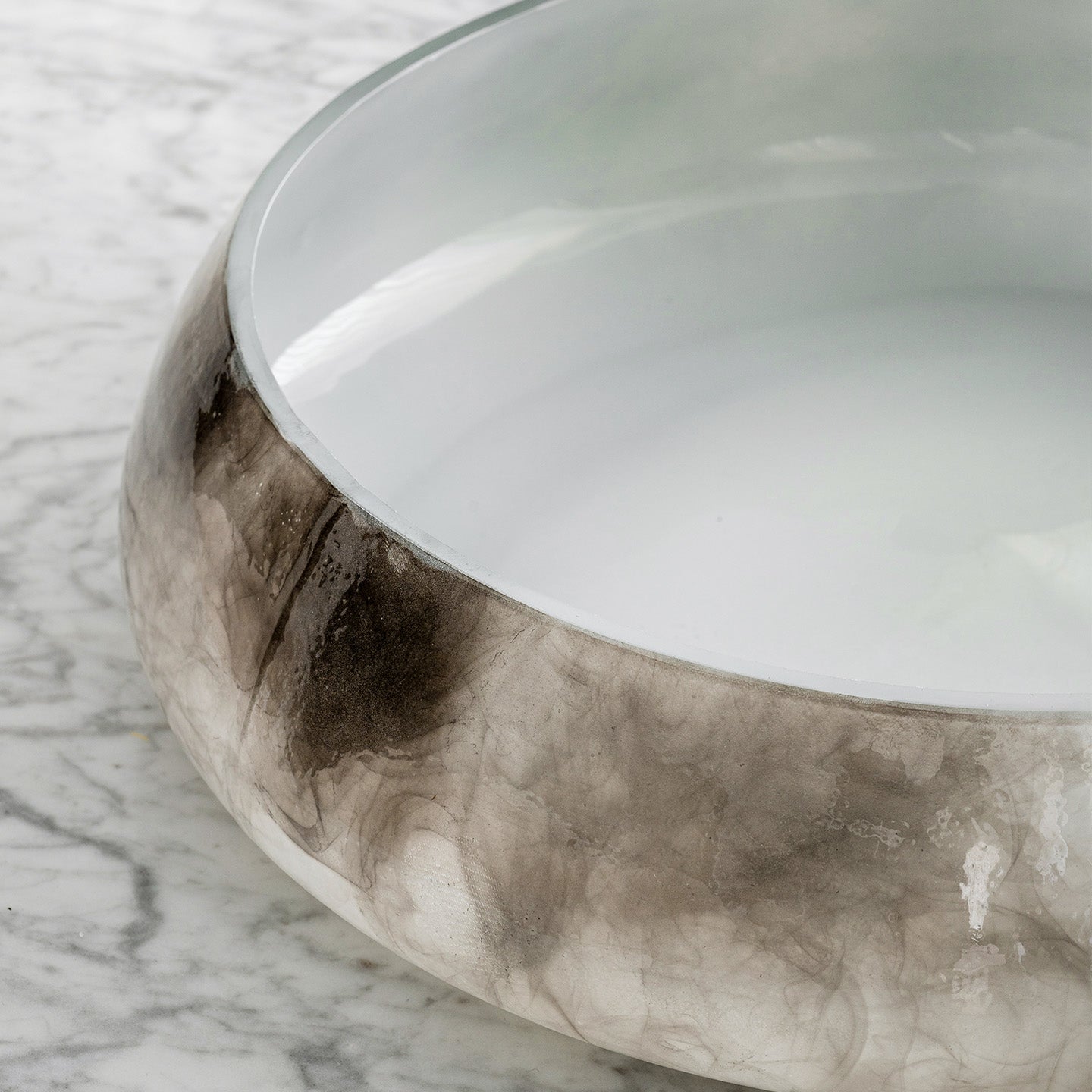 Cascade grey smokey glass bowl with white base and abstract grey pattern, round decorative centerpiece for modern home décor
