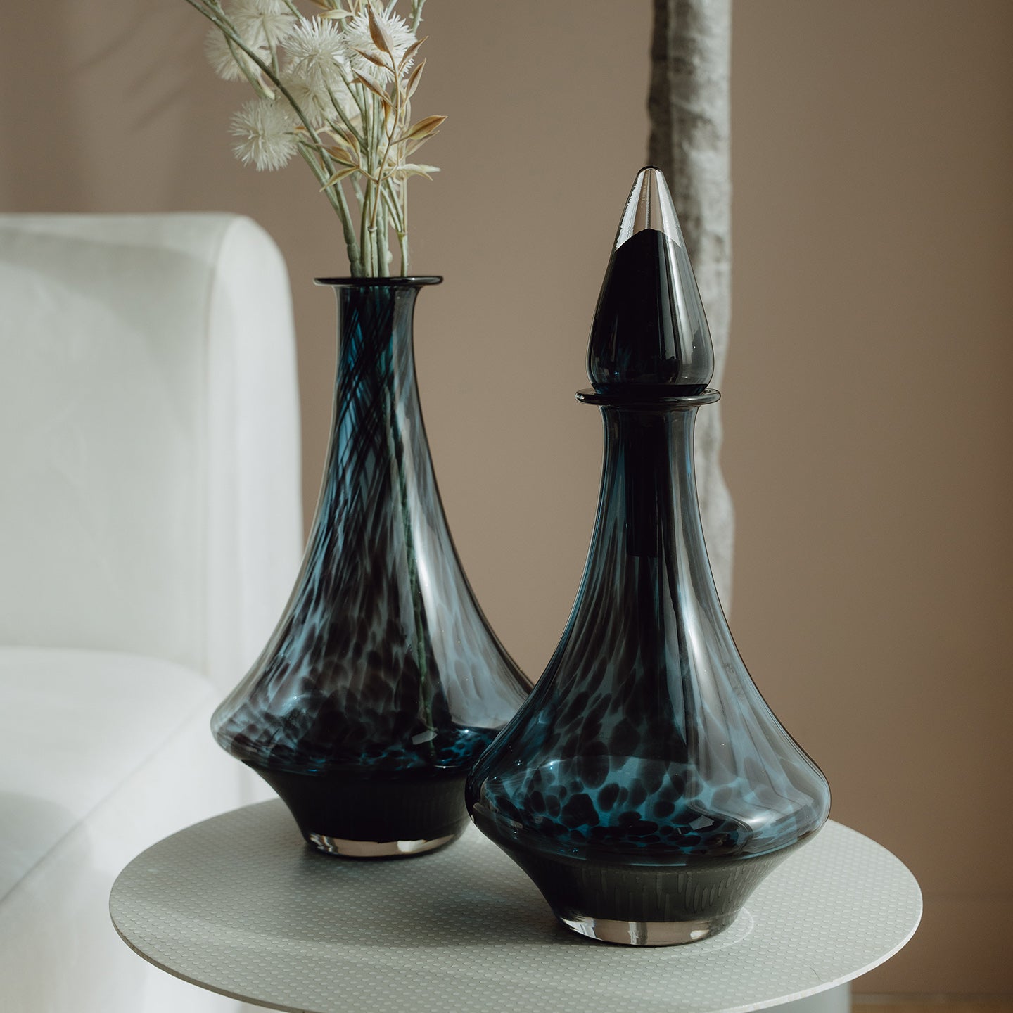 Blue Speckled Abstract Pattern Glass Jar for Living Room Home Decor.