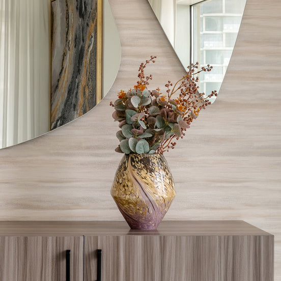Celeste abstract glass vase with diamond shape, brown and beige algae-inspired pattern, decorative vase for modern home décor