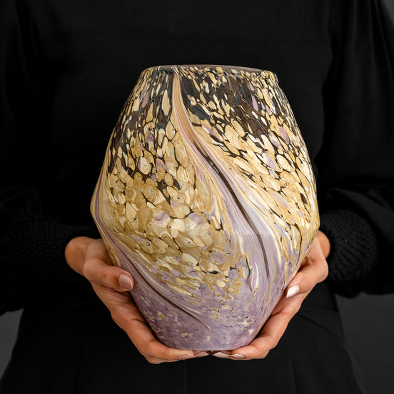 Celeste abstract glass vase with diamond shape, brown and beige algae-inspired pattern, decorative vase for modern home décor