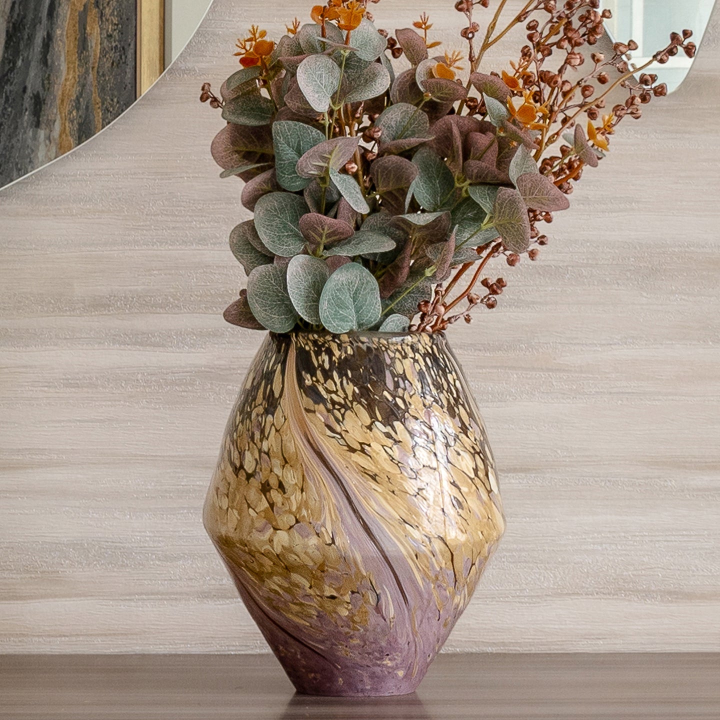 Celeste abstract glass vase with diamond shape, brown and beige algae-inspired pattern, decorative vase for modern home décor