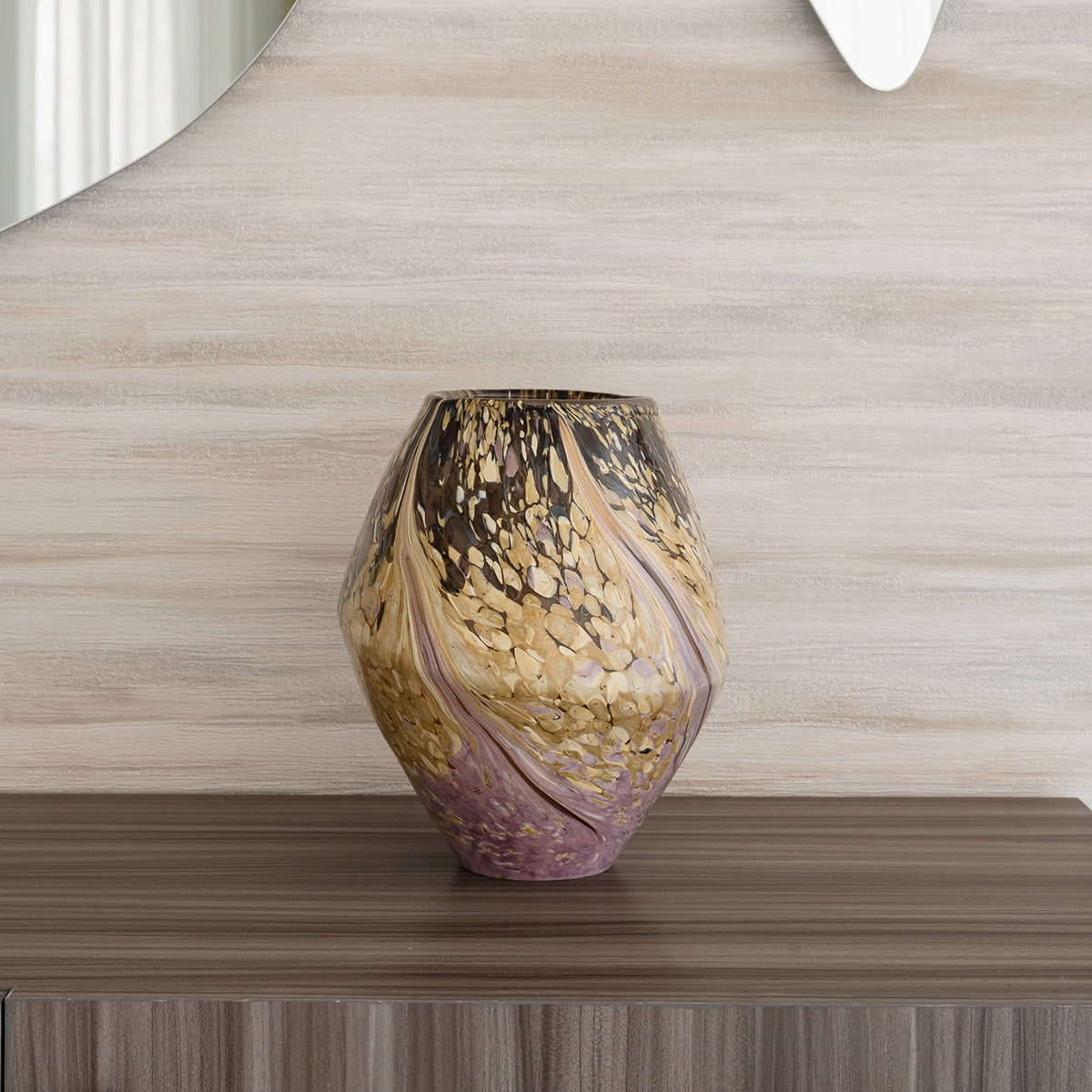 Celeste abstract glass vase with diamond shape, brown and beige algae-inspired pattern, decorative vase for modern home décor