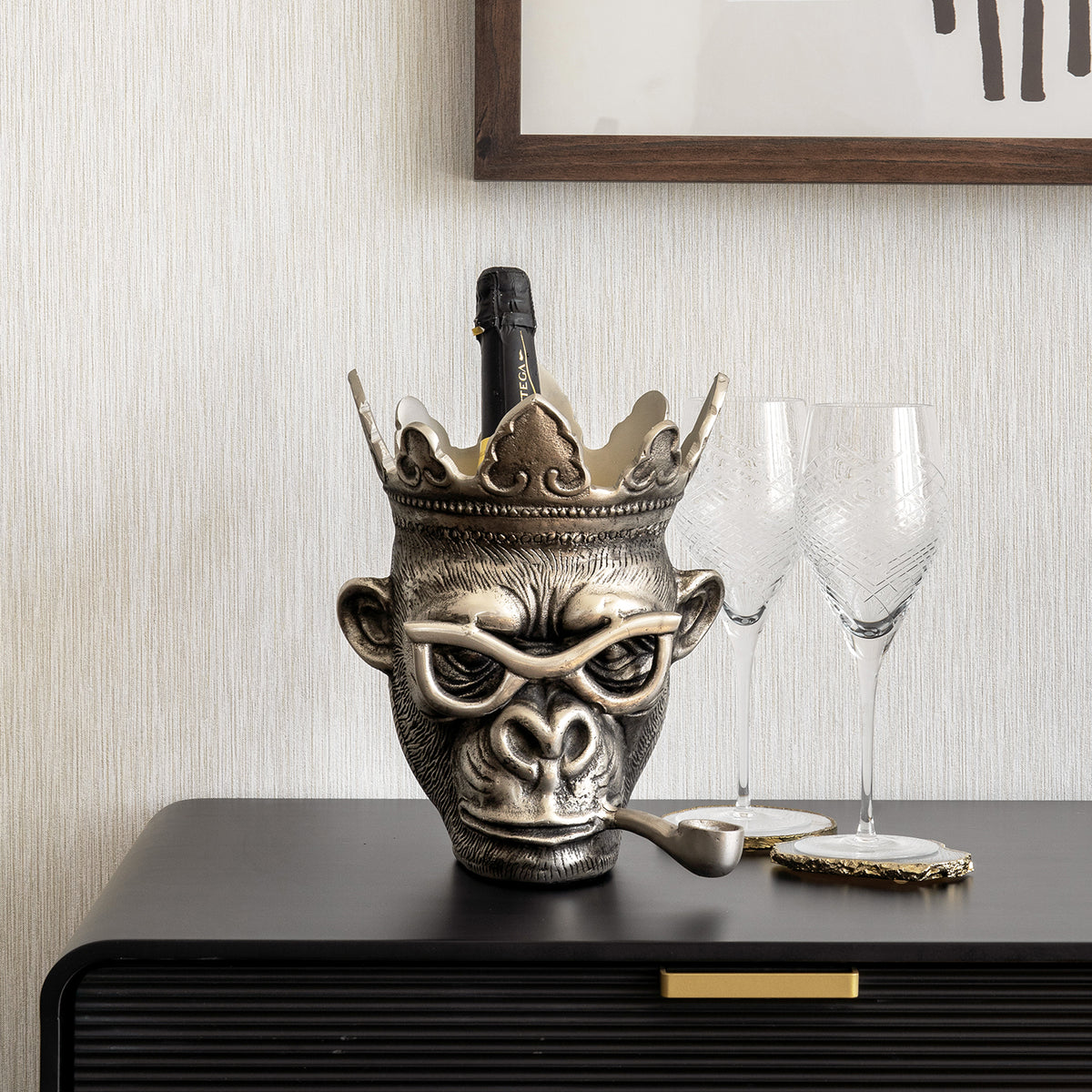 Chill Chimp silver ice bucket with sculptural monkey design, luxury home bar accessory for entertaining and modern home décor