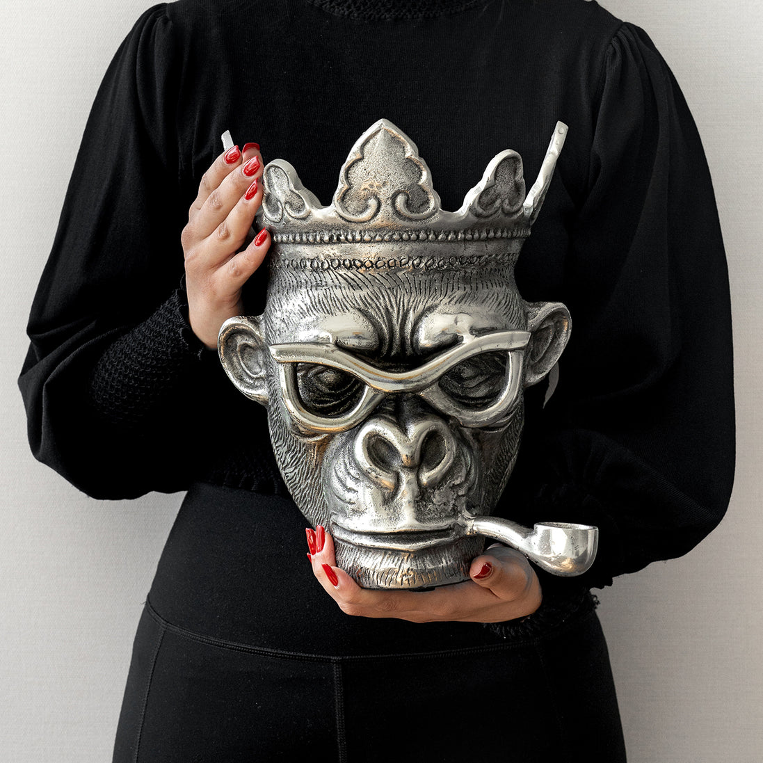 Chill Chimp silver ice bucket with sculptural monkey design, luxury home bar accessory for entertaining and modern home décor.