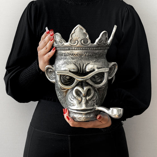 Chill Chimp silver ice bucket with sculptural monkey design, luxury home bar accessory for entertaining and modern home décor.