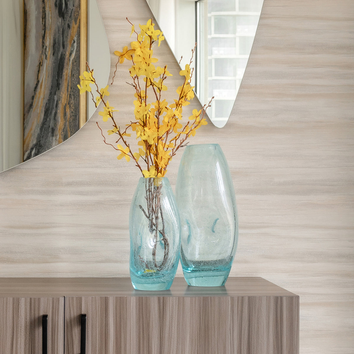 Ciel blue glass vase with organic shape and textured surface, decorative vase for modern luxury home décor
