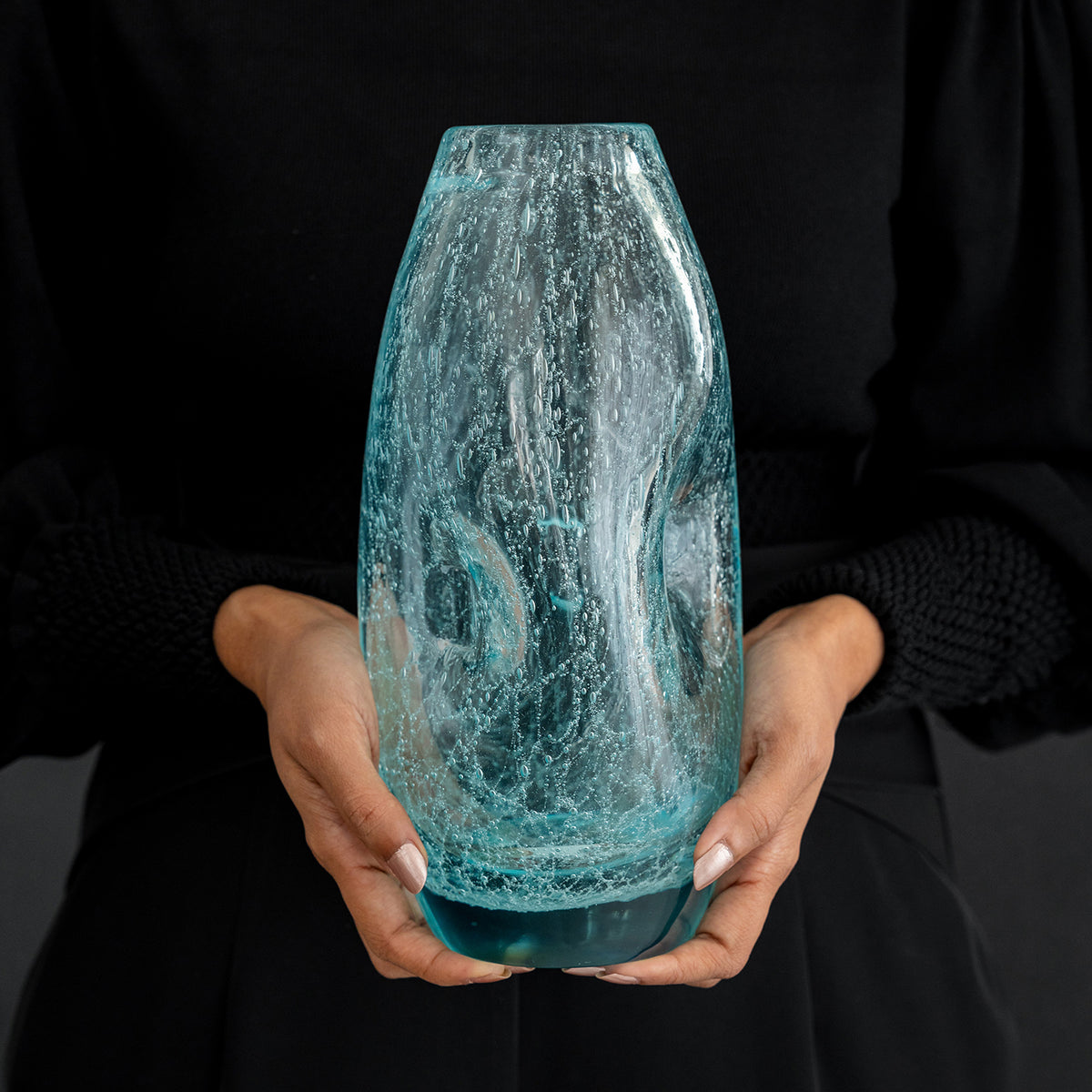 Ciel blue glass vase with organic shape and textured surface, decorative vase for modern luxury home décor