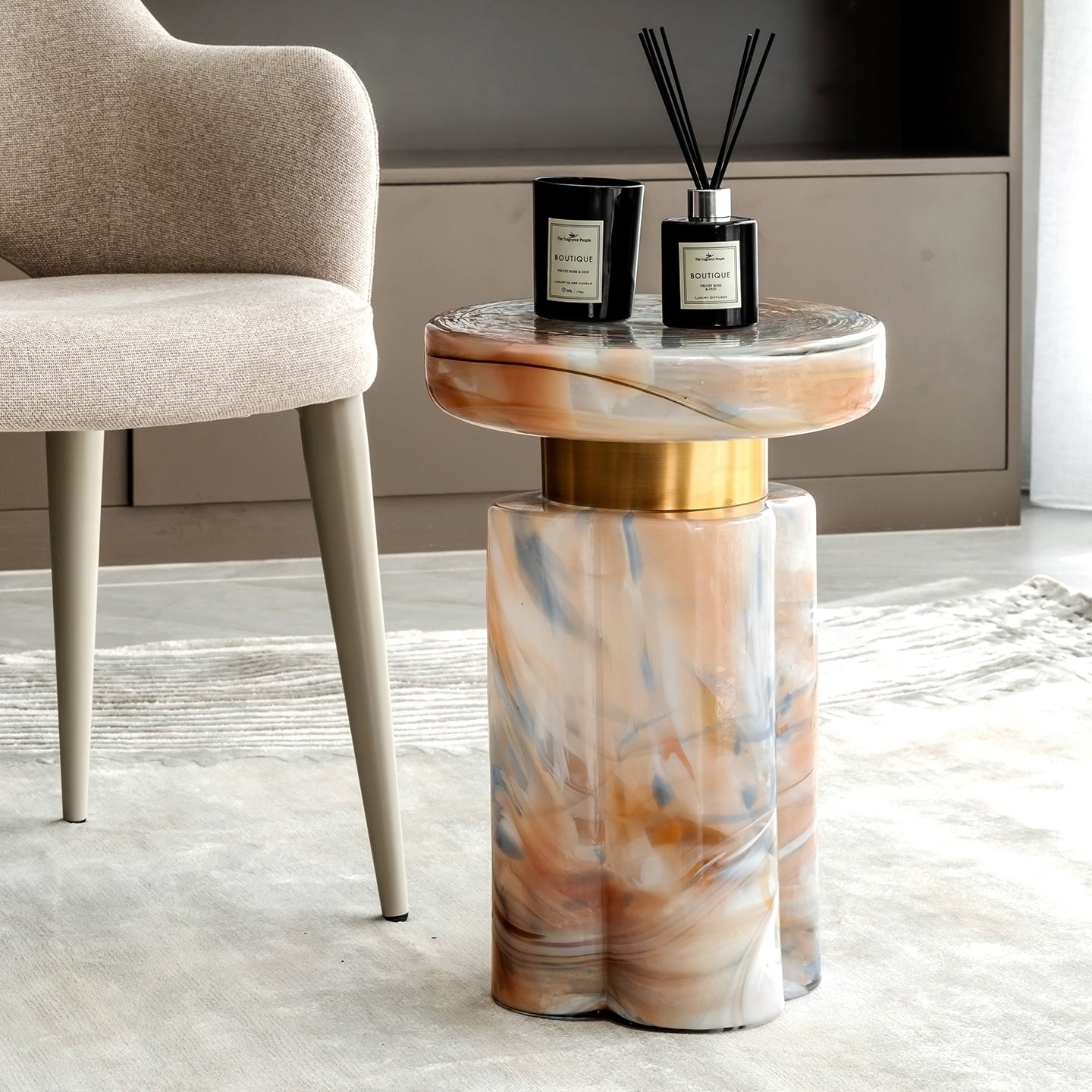 Clover swirl accent table with clover-shaped base and pastel tones, luxury designer side table for modern home décor
