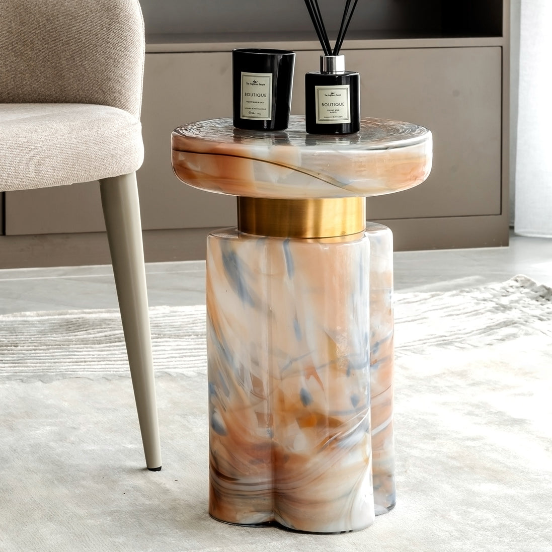 Clover swirl accent table with clover-shaped base and pastel tones, luxury designer side table for modern home décor