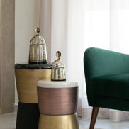 Drum metal accent tables in short and tall sizes with enamel, antique copper and brass finishes, modern side tables for home décor