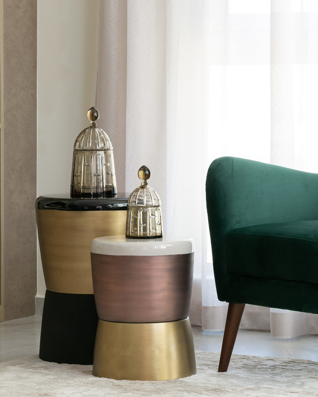 Drum metal accent tables in short and tall sizes with enamel, antique copper and brass finishes, modern side tables for home décor