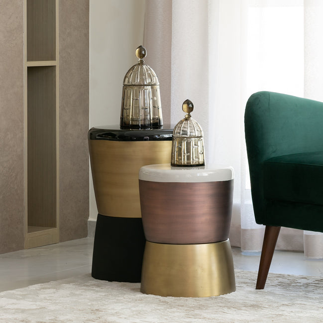 Drum metal accent tables in short and tall sizes with enamel, antique copper and brass finishes, modern side tables for home décor