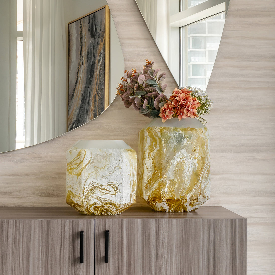 Electra glass vase with yellow and white swirling pattern, handcrafted decorative vase for luxury home décor