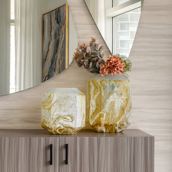 Electra glass vase with yellow and white swirling pattern, handcrafted decorative vase for luxury home décor