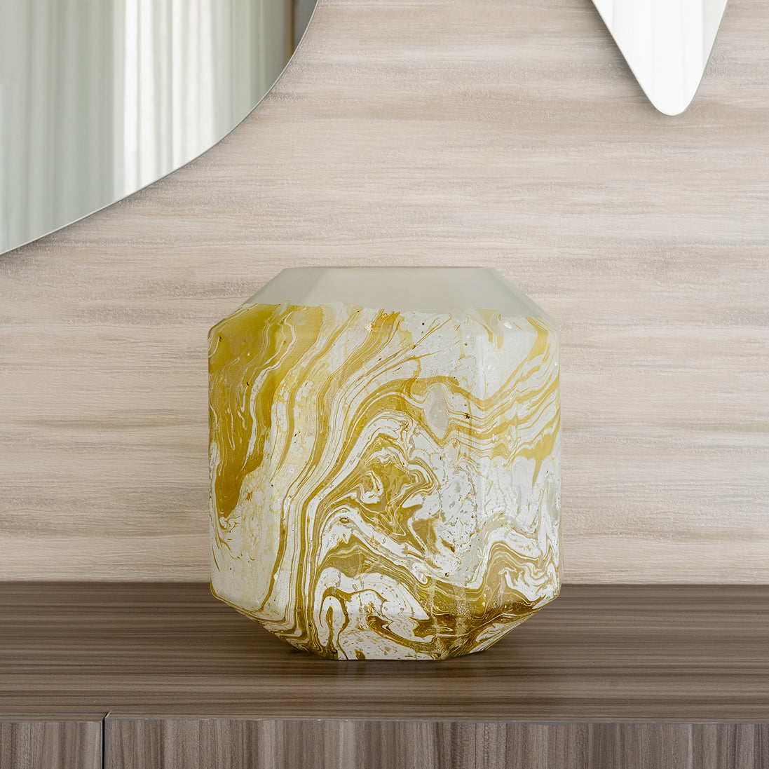 Electra glass vase with yellow and white swirling pattern, handcrafted decorative vase for luxury home décor