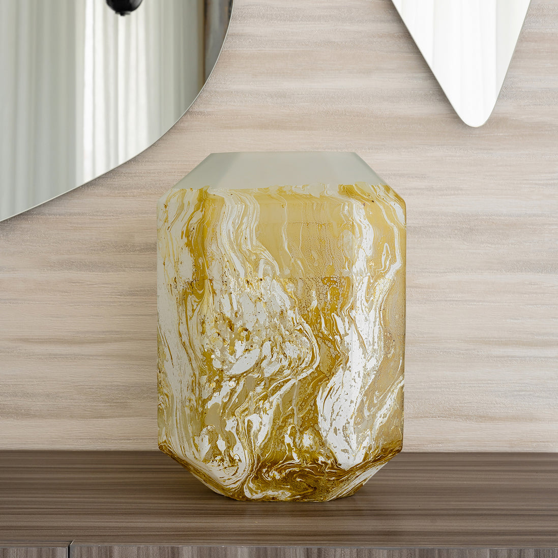 Electra glass vase with yellow and white swirling pattern, handcrafted decorative vase for luxury home décor