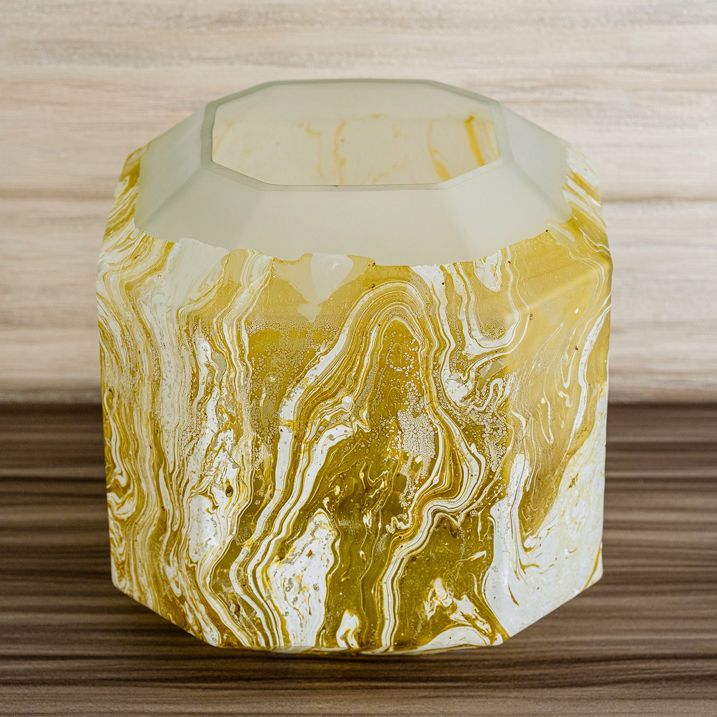 Electra glass vase with yellow and white swirling pattern, handcrafted decorative vase for luxury home décor