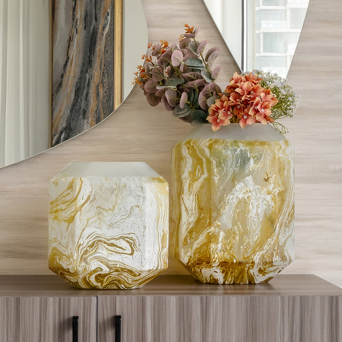 Electra glass vase with yellow and white swirling pattern, handcrafted decorative vase for luxury home décor