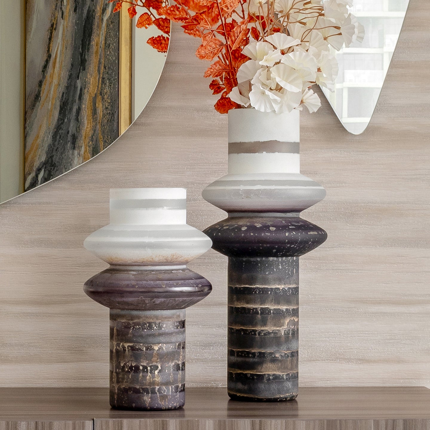 Ember brown textured glass vase with column shape and distressed finish, decorative vase for modern rustic home décor