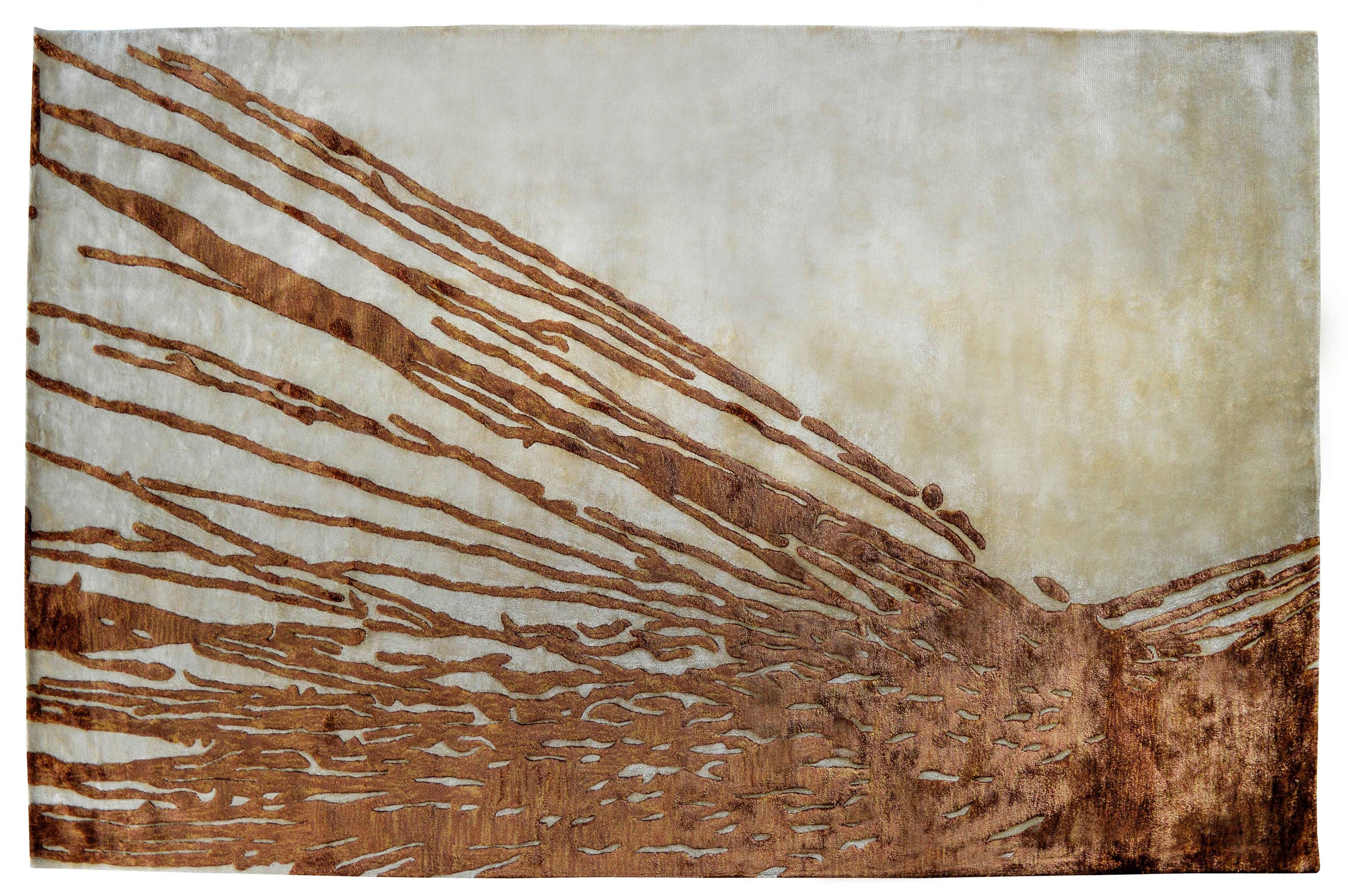Handmade abstract rug with deep rust tones and a cream base, designed for modern and transitional luxury interiors.