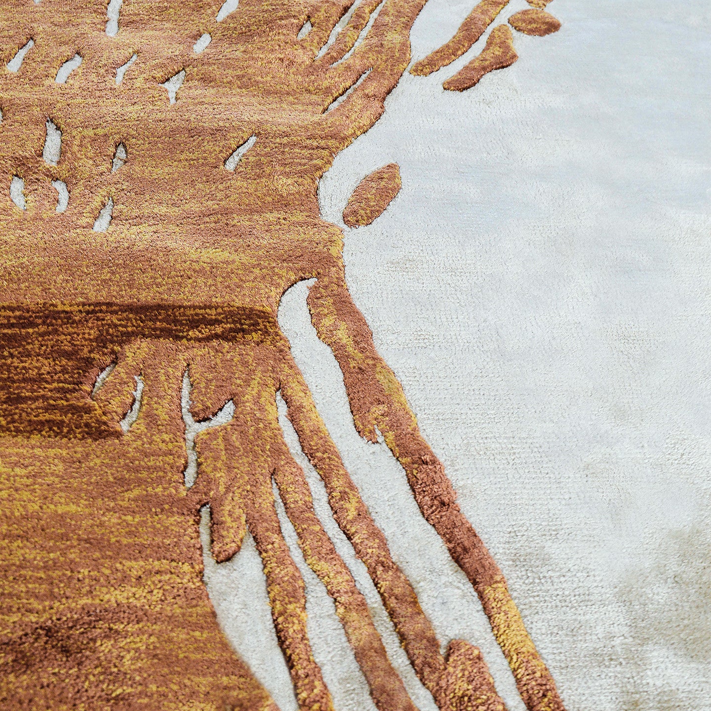 Handmade abstract rug with deep rust tones and a cream base, designed for modern and transitional luxury interiors.