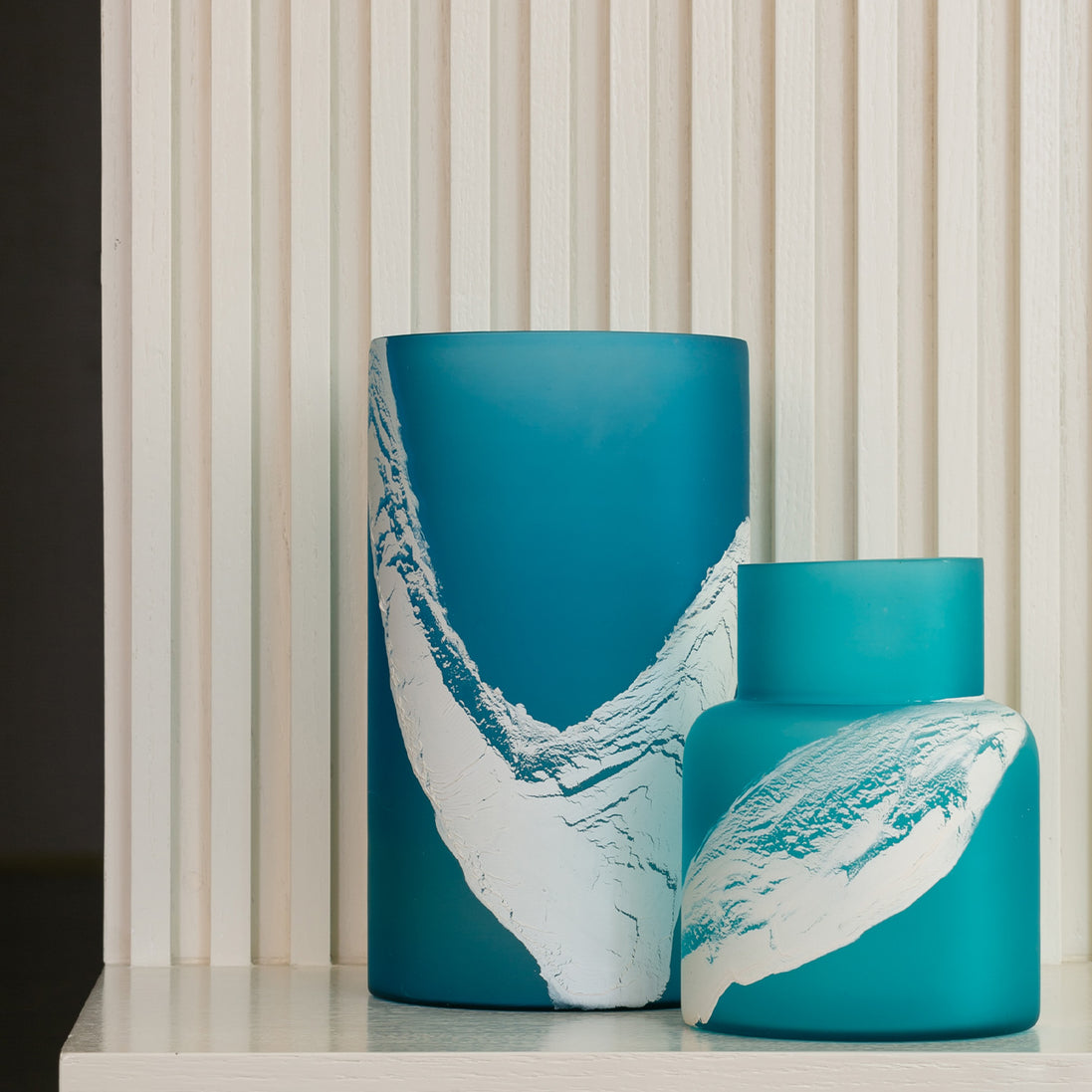 Glacier sky blue frosted glass vase with fluid white frost pattern, elegant decorative vase for modern home décor